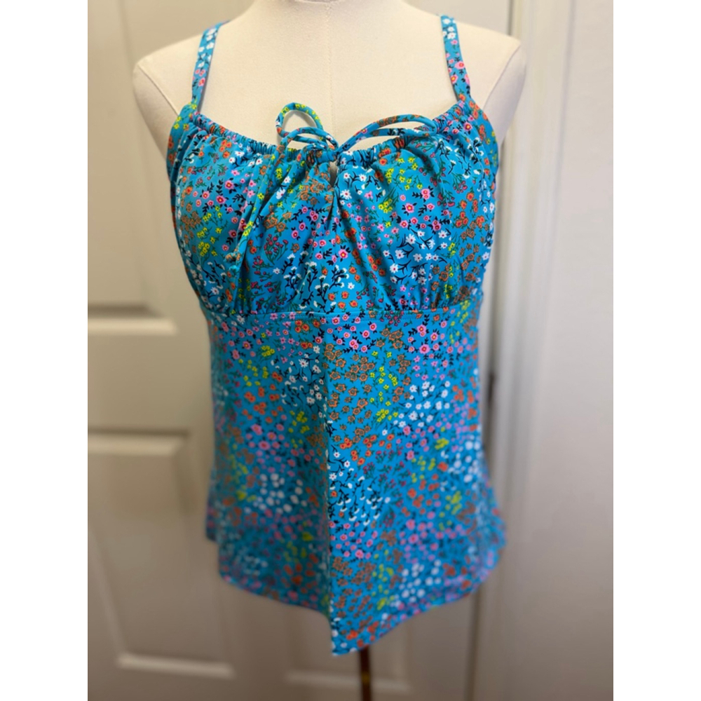 NWT Lands’ End Underwire Tie-Front Tankini Top Size 12 Turquoise Floral UPF 50